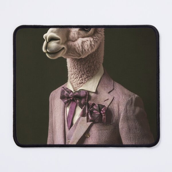 Item preview, A llama dressed in a suit and bow tie poses confidently against a dark background in a whimsical setting designed and sold by anytka.