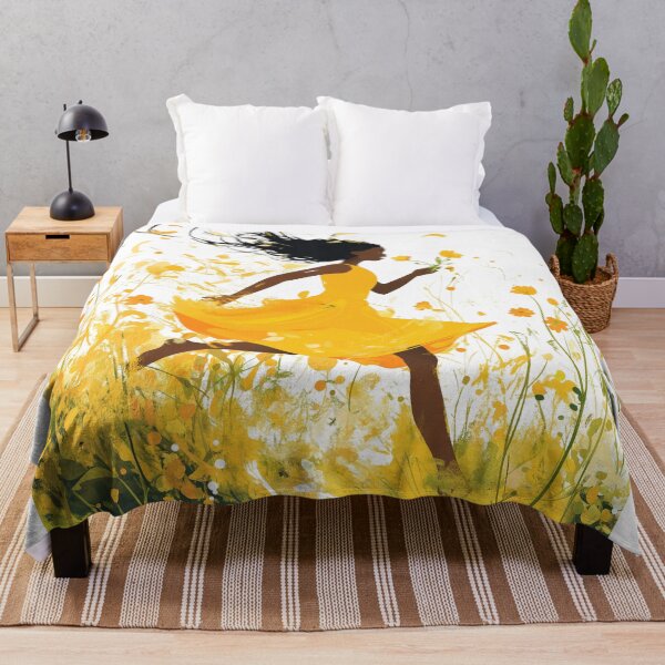 Artikelvorschau, Fröhliches Mädchen läuft im Frühling mit einem gelben Kleid in einem Blumenfeld im Hinterhof entworfen und verkauft von Vicki Noble Art.