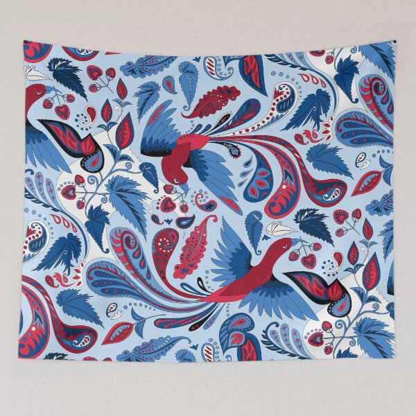Item preview, birds and begonia paisley - red blue designed and sold by kobyakov.