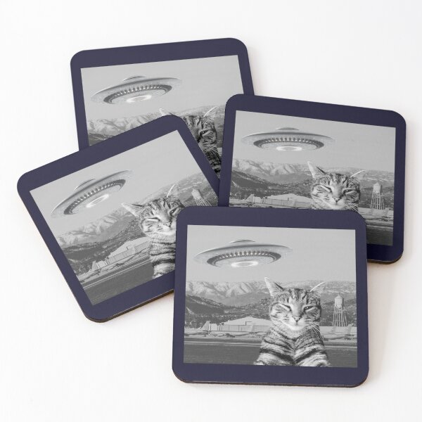 Item preview, Cat Selfie Alien Spaceship UFO Mountains Plane Military Base T-Shirt designed and sold by SunfullyYours.