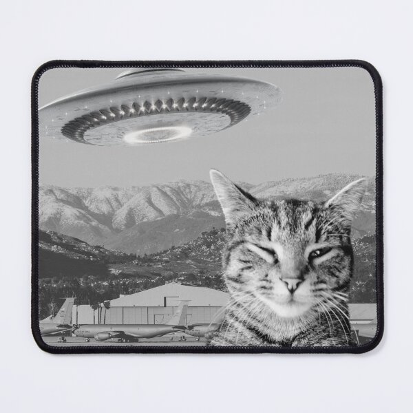 Item preview, Cat Selfie Alien Spaceship UFO Mountains Plane Military Base T-Shirt designed and sold by SunfullyYours.