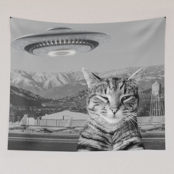 Item preview, Cat Selfie Alien Spaceship UFO Mountains Plane Military Base T-Shirt designed and sold by SunfullyYours.