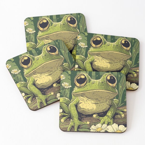 Item preview, Cute Frog with Big Adorable Eyes in a field with cream Flowers So Hoppy #2 designed and sold by Vicki Noble Art.
