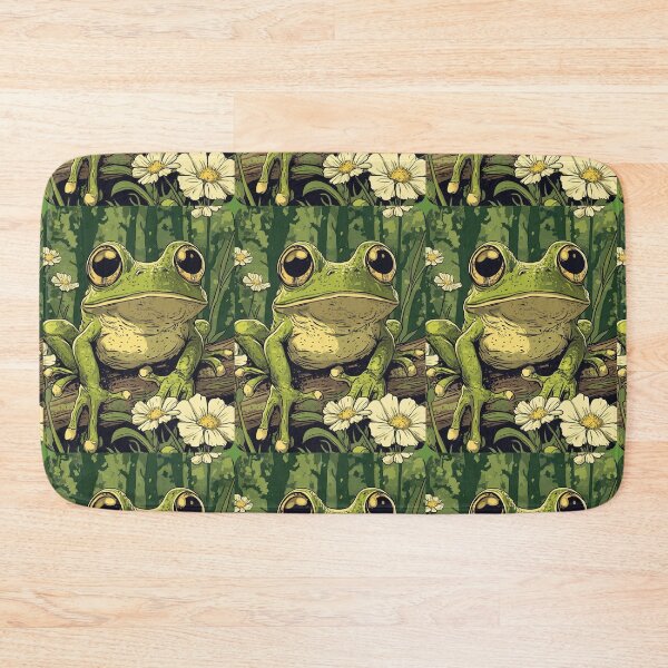 Item preview, Cute Frog with Big Adorable Eyes in a field with cream Flowers So Hoppy #2 designed and sold by Vicki Noble Art.