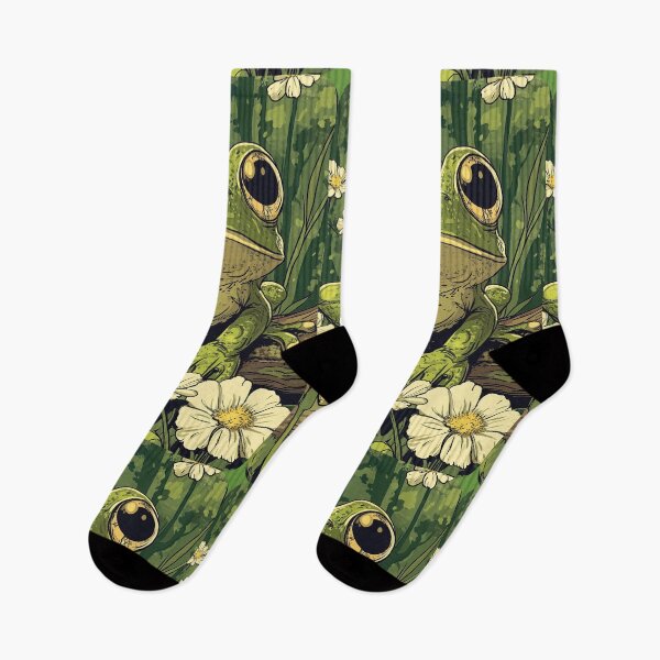Item preview, Cute Frog with Big Adorable Eyes in a field with cream Flowers So Hoppy #2 designed and sold by Vicki Noble Art.