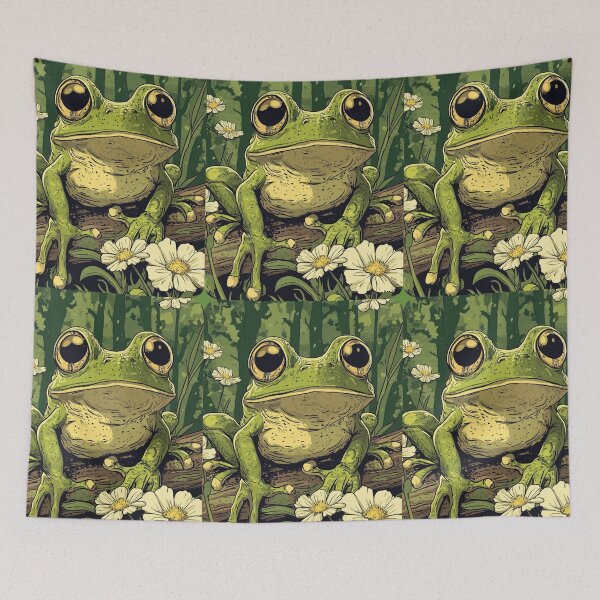 Item preview, Cute Frog with Big Adorable Eyes in a field with cream Flowers So Hoppy #2 designed and sold by Vicki Noble Art.