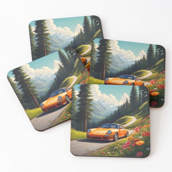 Item preview, yellow sportscar on a meandering floral paved countryside hilly road aesthetical digitalart designed and sold by EmeraldeaArt.