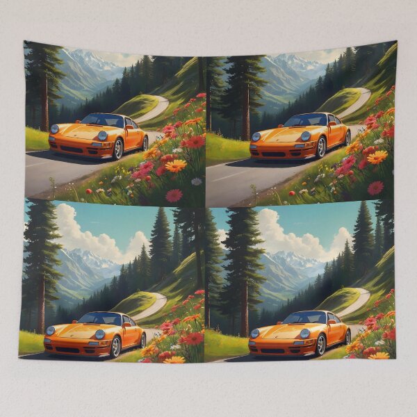 Item preview, yellow sportscar on a meandering floral paved countryside hilly road aesthetical digitalart designed and sold by EmeraldeaArt.