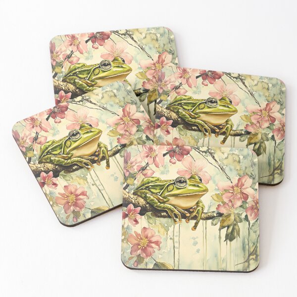 Item preview, Zen Frog with Blossoming Pink Cherry Flowers in a tree  So Hoppy #5 designed and sold by Vicki Noble Art.
