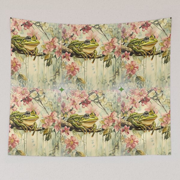 Item preview, Zen Frog with Blossoming Pink Cherry Flowers in a tree  So Hoppy #5 designed and sold by Vicki Noble Art.