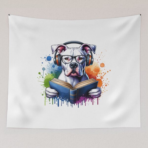 Item preview, American Bulldog Wearing Headphones and Reading a Book designed and sold by 2ndSketch.