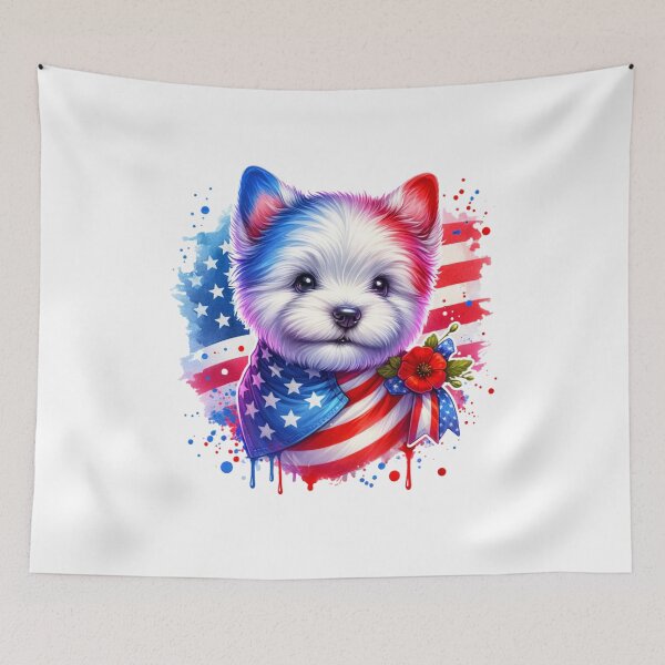 Item preview, Patriotic White Puppy With American Flag and Cute Scarf designed and sold by 2ndSketch.
