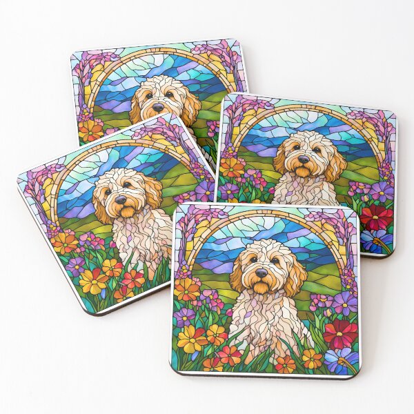 Item preview, Mini Goldendoodle Stained Glass Wildflower Art – Vibrant Dog Design designed and sold by Fredster1966.