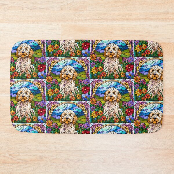 Item preview, Mini Goldendoodle Stained Glass Wildflower Art – Vibrant Dog Design designed and sold by Fredster1966.