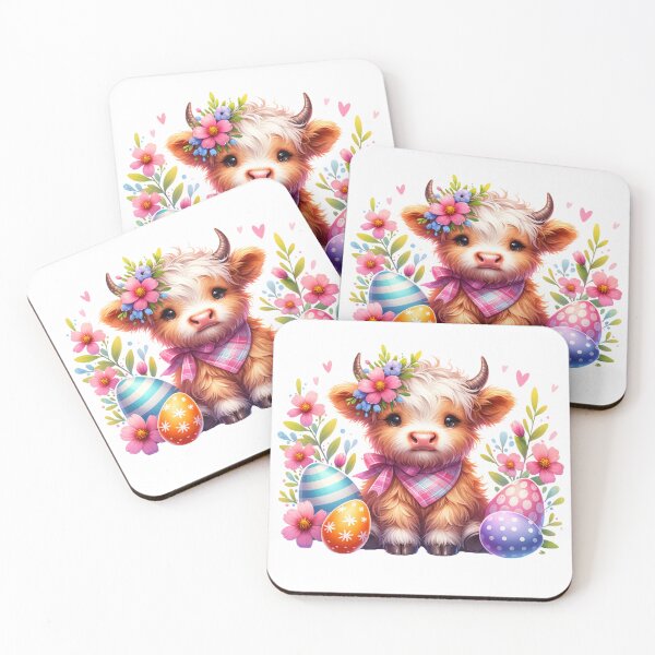 Item preview, Easter Highland Cow surrounded by Eggs & Flowers designed and sold by CraftyAnimal.