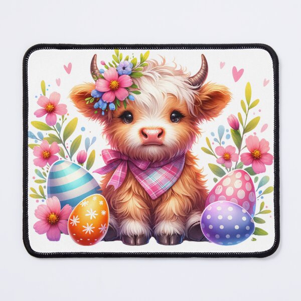 Item preview, Easter Highland Cow surrounded by Eggs & Flowers designed and sold by CraftyAnimal.
