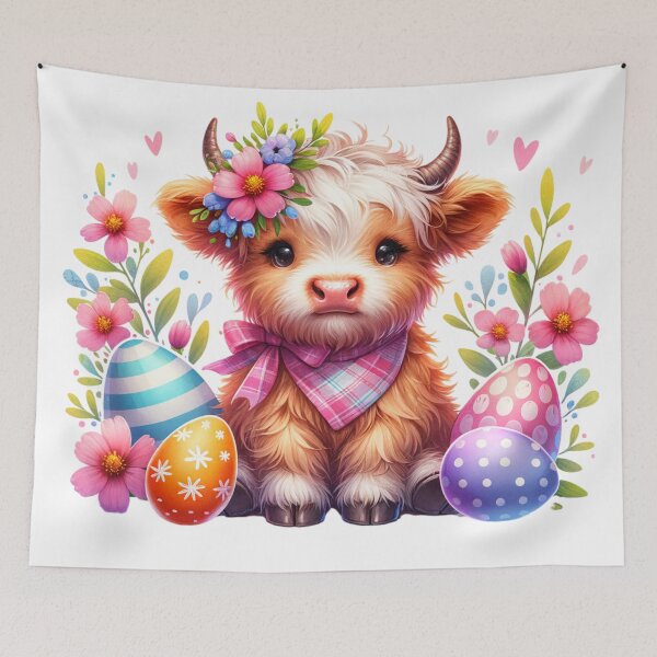 Item preview, Easter Highland Cow surrounded by Eggs & Flowers designed and sold by CraftyAnimal.