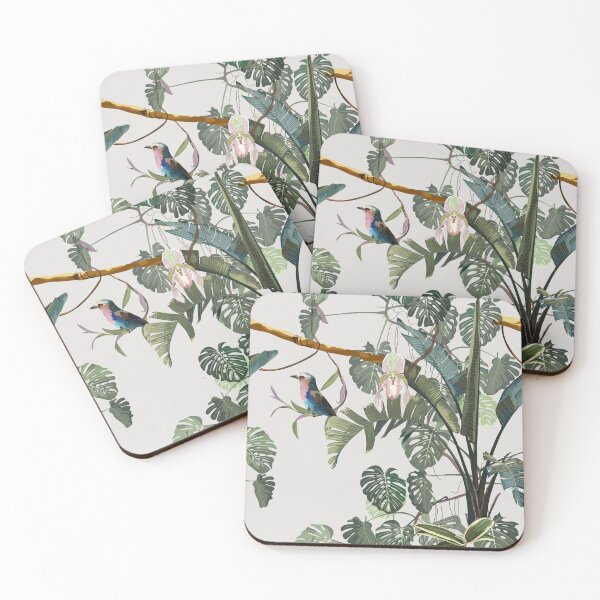 Item preview, Tropical vintage botanical landscape, palm tree, banana tree, plant, Lilac breasted Roller bird, floral seamless border background. designed and sold by MatyKotiv.