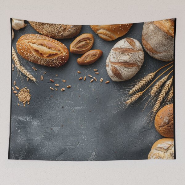 Item preview, Assortment of freshly baked breads with seeds and grains on a dark rustic background designed and sold by Jerhus.