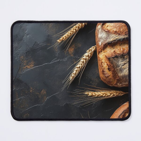 Item preview, Freshly baked artisan bread with golden wheat ears on a rustic black stone background designed and sold by Jerhus.