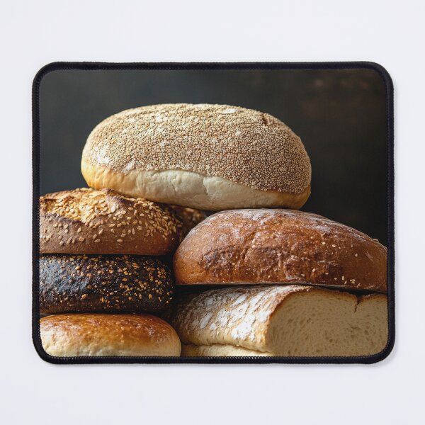 Item preview, Assortment of freshly baked breads of different types stacked on a dark background designed and sold by Jerhus.