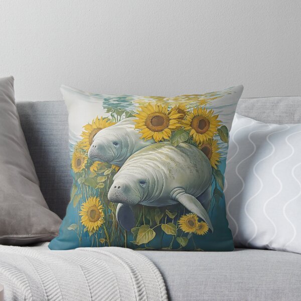 Item preview, Manatee Sunflower Design Pillow designed and sold by candiscamera.