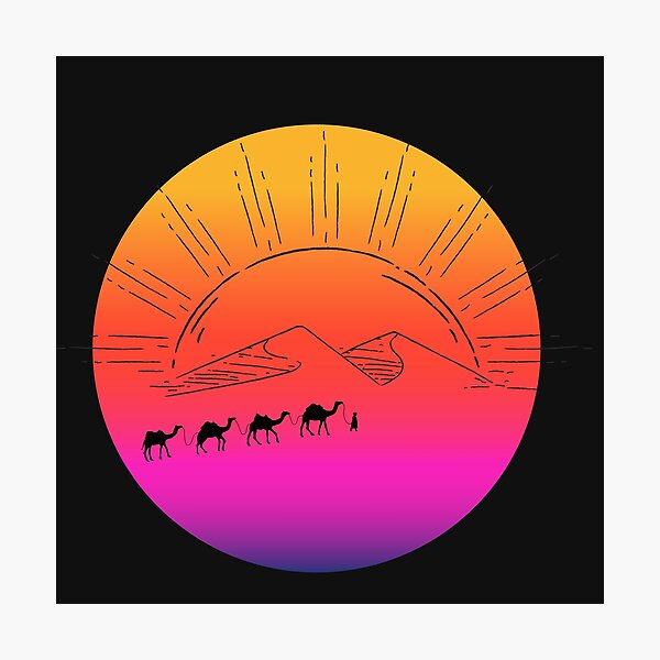 Aperçu de l'œuvre Chameaux dans le désert au coucher du soleil créée et vendue par DesignDruk25.