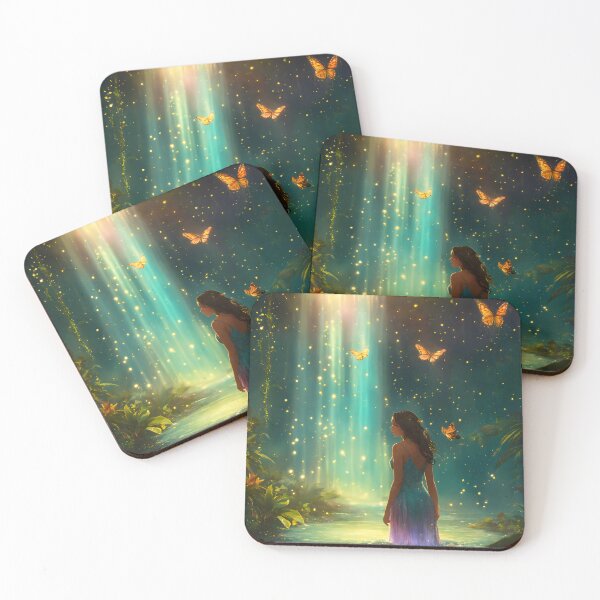 Item preview, Naiad splashing in an enchanted sparkling rain forest at twilight with fireflies and butterflies designed and sold by StickPlaza.