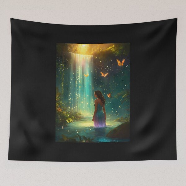 Item preview, Naiad splashing in an enchanted sparkling rain forest at twilight with fireflies and butterflies designed and sold by StickPlaza.