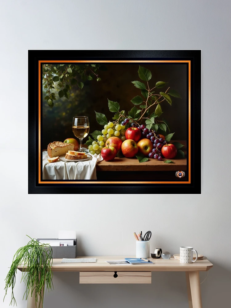 Still Life of Wine, Grapes, and Apples in a Tranquil Garden Setting Alluring AI Concept Art by Xzendor7 Wall Decor Poster Art Print