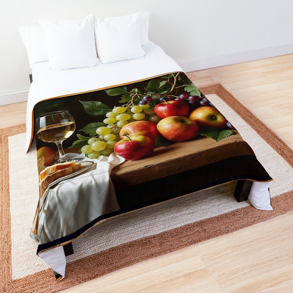 Still Life of Wine, Grapes, and Apples in a Tranquil Garden Setting Alluring AI Concept Art by Xzendor7 Decorative Art Print Comforter