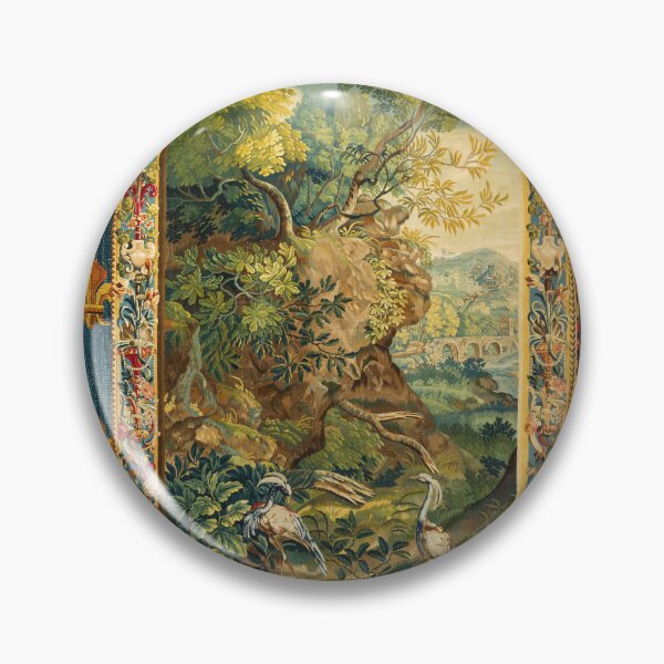 Item preview, ANIMALS, BIRDS AND WOODLAND TREES IN LANDSCAPE Floral French Tapestry with Blue Gold Fleur De Lise  designed and sold by BulganLumini.