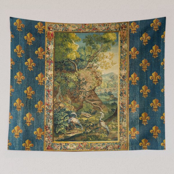 Item preview, ANIMALS, BIRDS AND WOODLAND TREES IN LANDSCAPE Floral French Tapestry with Blue Gold Fleur De Lise  designed and sold by BulganLumini.