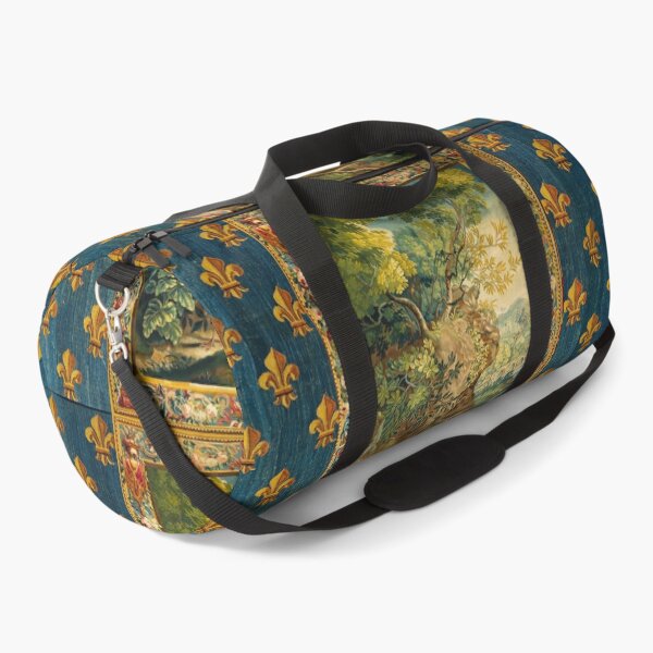 Item preview, ANIMALS, BIRDS AND WOODLAND TREES IN LANDSCAPE Floral French Tapestry with Blue Gold Fleur De Lise  designed and sold by BulganLumini.