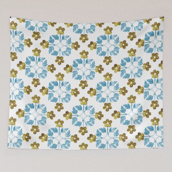 Item preview, Blue leaves and olive green flowers floral tile. Bohemial symmetric tile design. Stylized flowers. designed and sold by helga-wigandt.