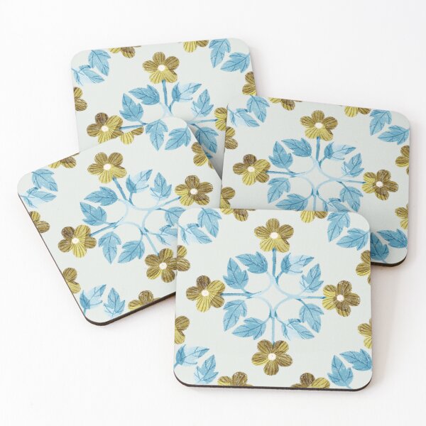 Item preview, Blue leaves and flowers floral tile on light grey background. Bohemial symmetric tile design. Stylized flowers. designed and sold by helga-wigandt.