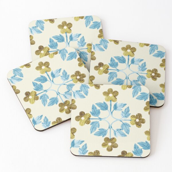 Item preview, Blue leaves and flowers floral tile on light beige background. Bohemial symmetric tile design. Stylized flowers. designed and sold by helga-wigandt.