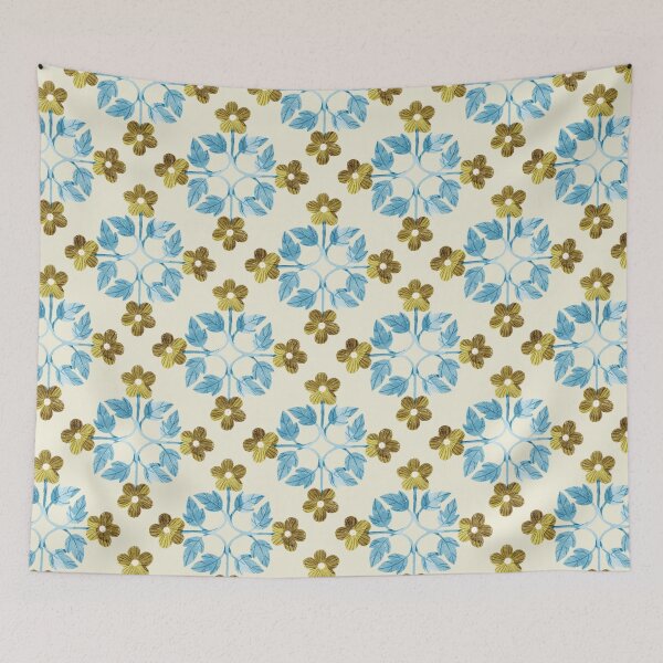 Item preview, Blue leaves and flowers floral tile on light beige background. Bohemial symmetric tile design. Stylized flowers. designed and sold by helga-wigandt.