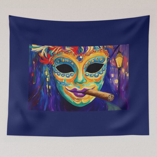 Item preview, Mardi Gras Whispers in the Smoke - A Masked Reveler in Festive Splendor Digital AI Art designed and sold by OlfactoART Studio.