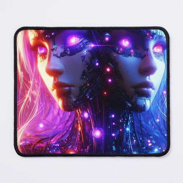 Item preview, Twindentical Fantasy twin twho-headed she robot fantasy purple-blue hue artwork designed and sold by EmeraldeaArt.