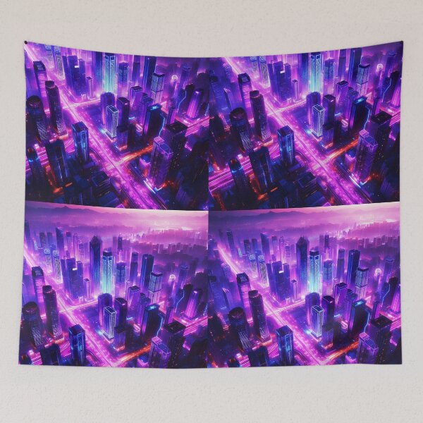 Item preview, utopy Big fantasy purple-blue hue city from bird-eye view designed and sold by EmeraldeaArt.