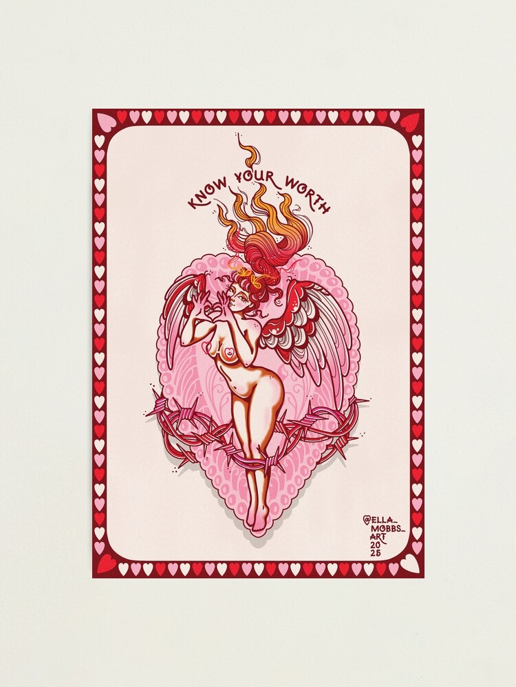 Thumbnail 1 of 3, Photographic Print, Know Your Worth Traditional Tattoo Flash by Ella Mobbs Creep Heart designed and sold by ellamobbs.