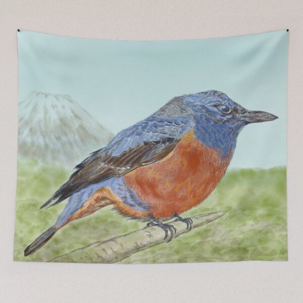 Item preview, An adorable blue bird and a volcano mountain. designed and sold by greenPQBstudio.