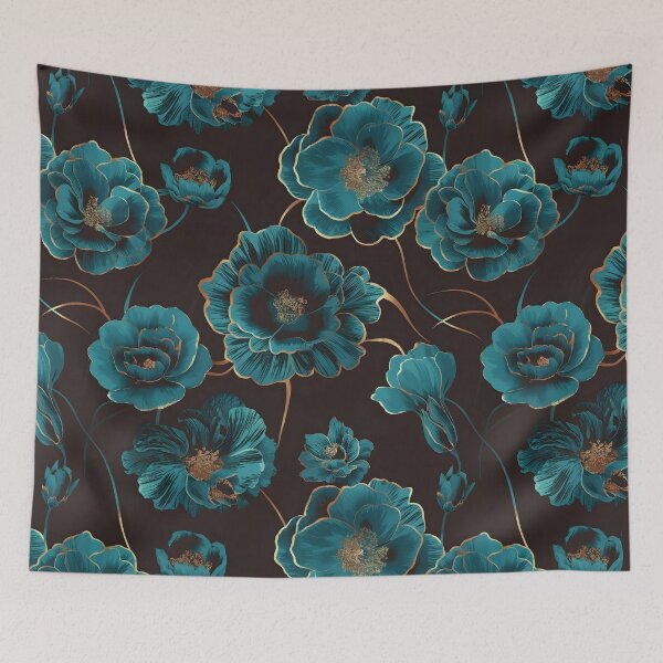 Item preview, Teal Blue Flowers With Gold Accents designed and sold by decoluxe.