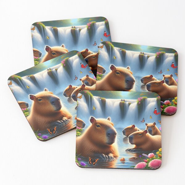 Item preview, Group of capybaras chillin in water at a waterfall lake bath with butterflies around aesthetic digitalart designed and sold by EmeraldeaArt.