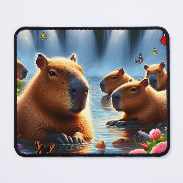 Item preview, Group of capybaras chillin in water at a waterfall lake bath with butterflies around aesthetic digitalart designed and sold by EmeraldeaArt.