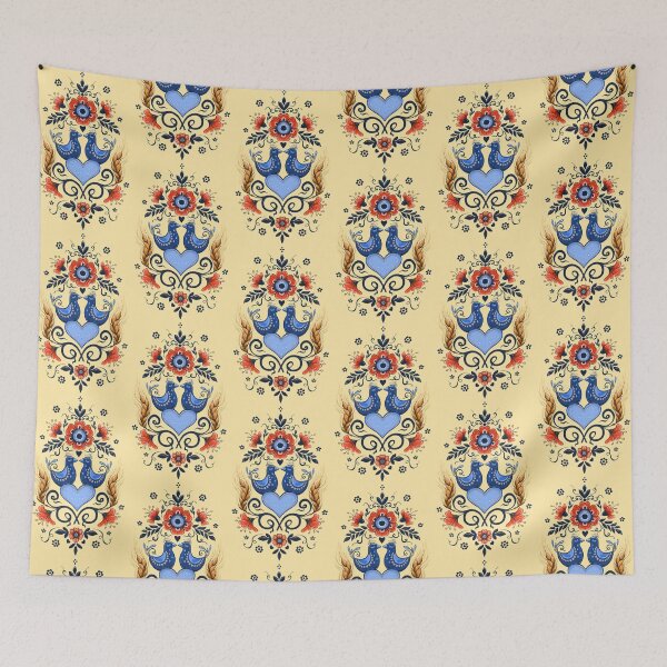 Item preview, illustration with folk birds and flowers, and ears of cereals designed and sold by Hennagirl.