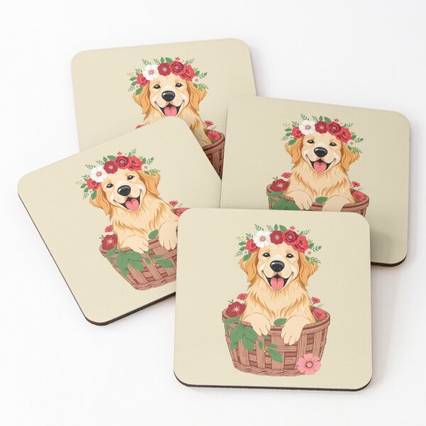 Item preview, Happy Golden retriever inside floral basket designed and sold by Nolan6.