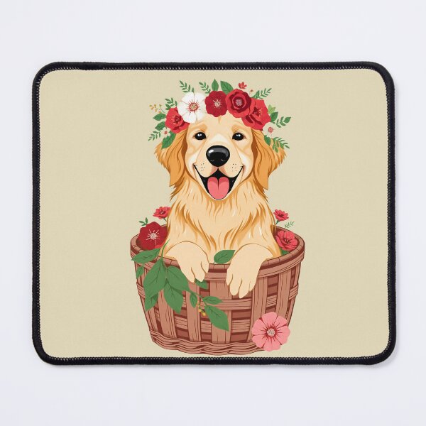 Item preview, Happy Golden retriever inside floral basket designed and sold by Nolan6.