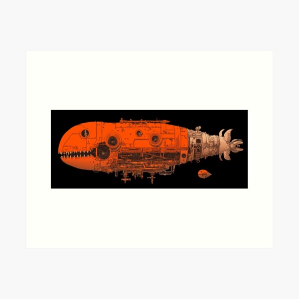 Item preview, Vintage Medieval Steampunk Spaceship Fish with Baby Hatchling Comic Book Illustration, Mechanical Surrealism, Technology Fantasy Utopia, Cyberpunk Botanical Illustration  designed and sold by MarikoDesignArt.
